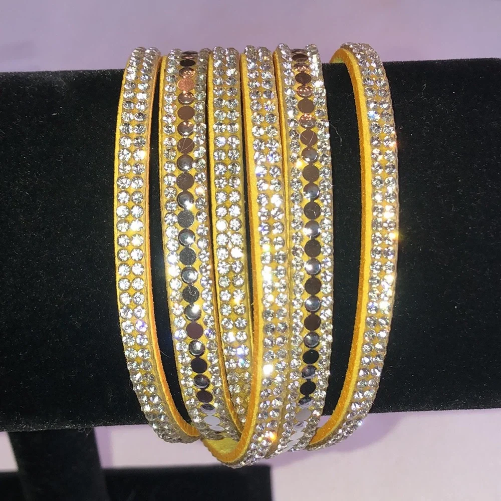 Crystal-Embellished Yellow Boho Wrap Bracelet